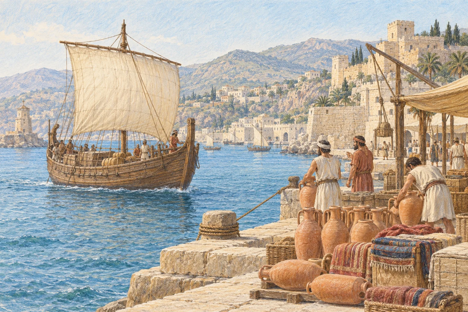 古代地中海の港に入る帆船と壺や織物を扱う商人の色鉛筆イラスト