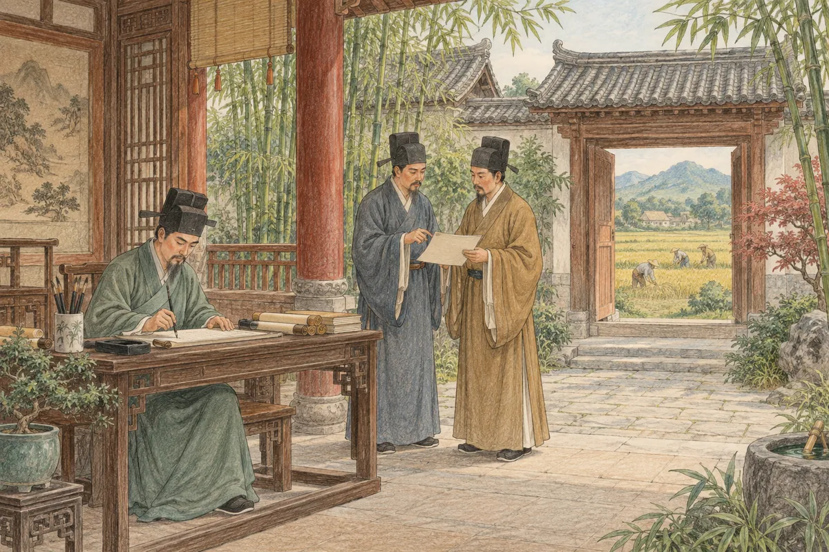 中国の伝統的な中庭で文書を扱う学者と農村を描いた色鉛筆イラスト