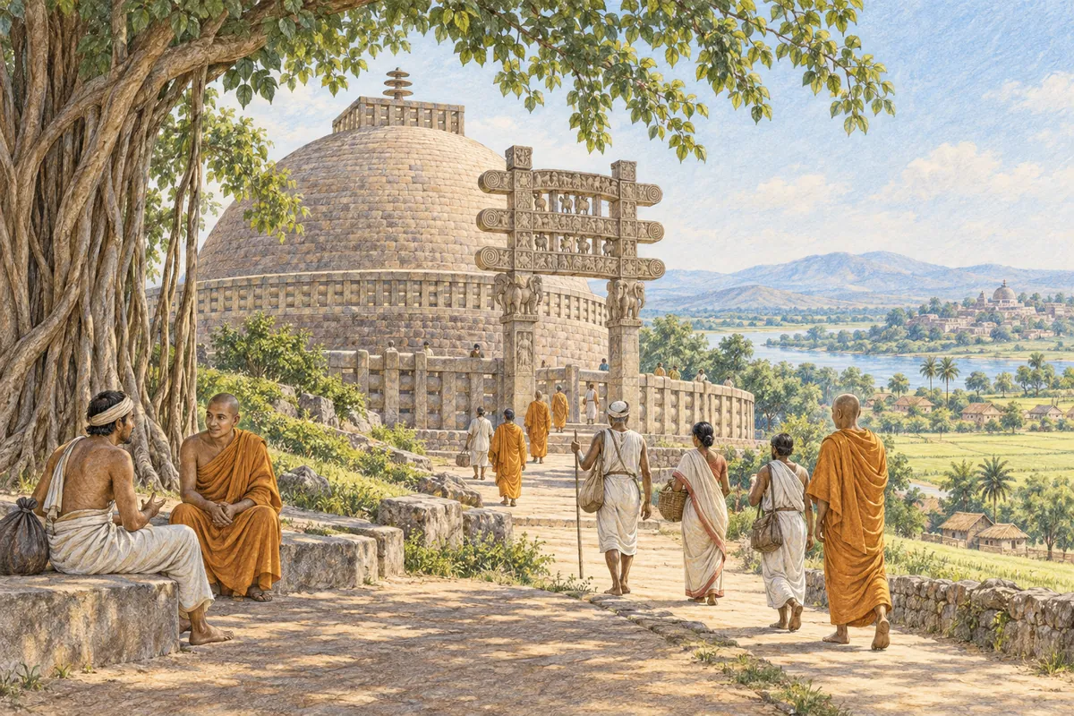 ストゥーパを訪れる古代インドの僧と旅人を描いた色鉛筆イラスト