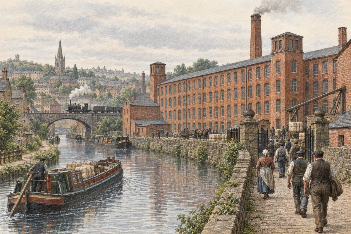 運河と鉄道に結ばれたイギリスの工場街と労働者を描いた色鉛筆イラスト
