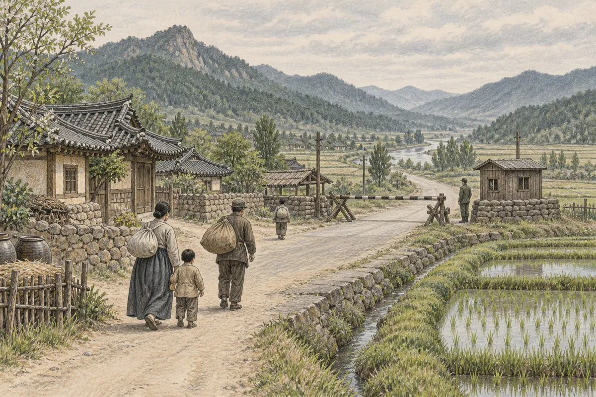20世紀の朝鮮半島の村と境界を描いた色鉛筆イラスト