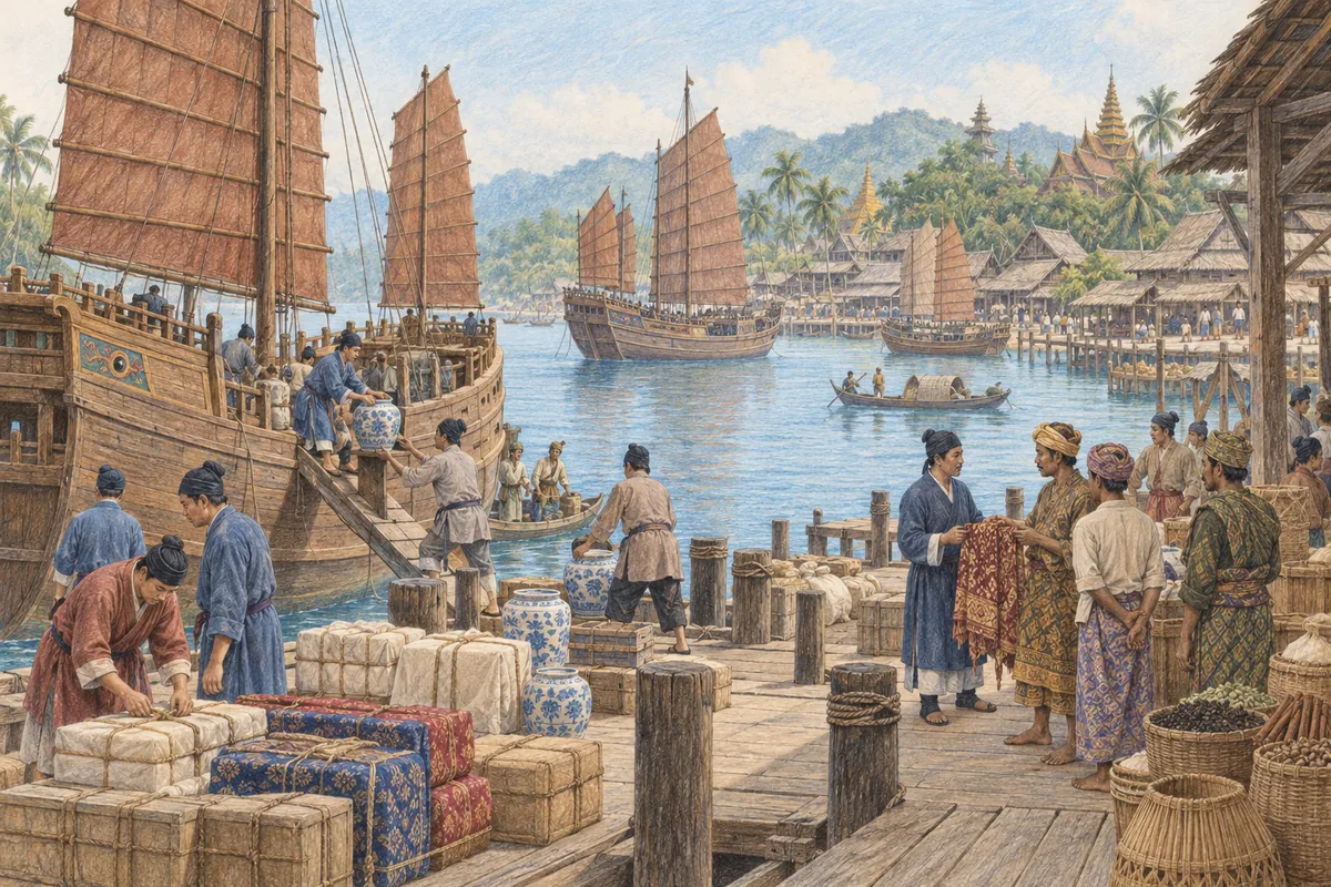 明代の帆船が航海する海と港を描いた繊細な色鉛筆イラスト