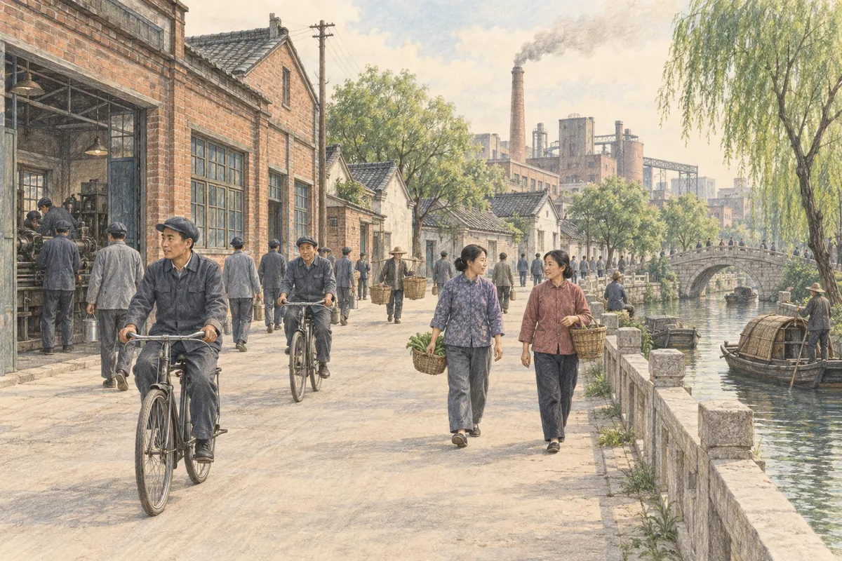 20世紀中国の街並みと人々、自転車を繊細な色鉛筆で描いたイラスト