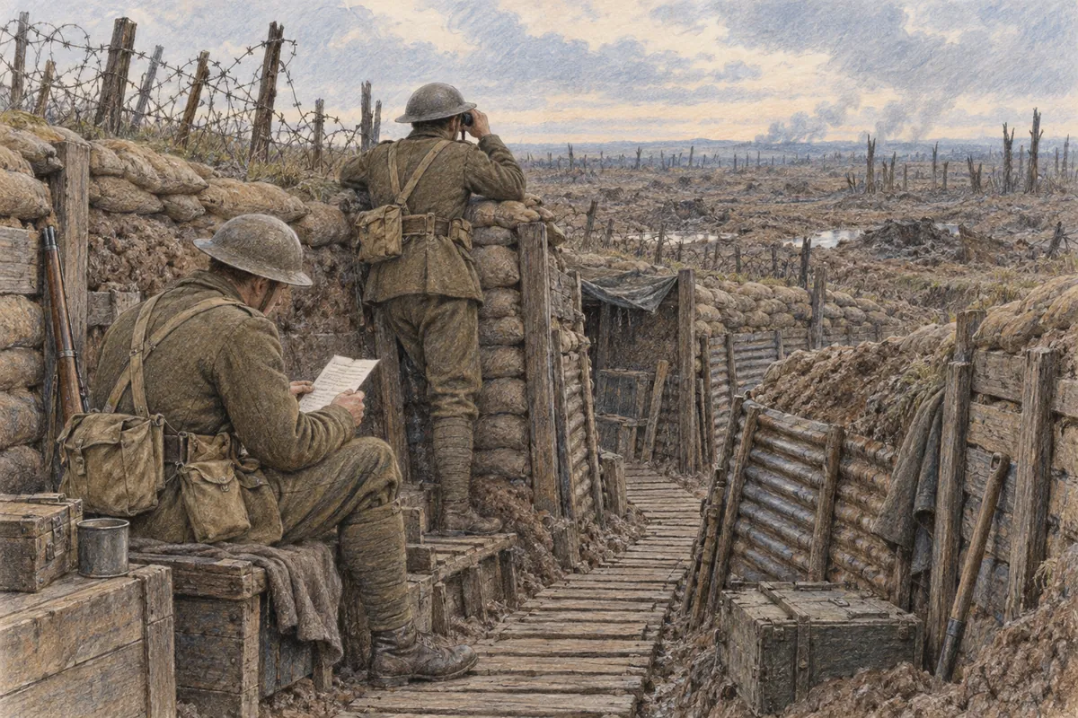 第一次世界大戦の塹壕で手紙を読み見張りをする兵士の色鉛筆イラスト